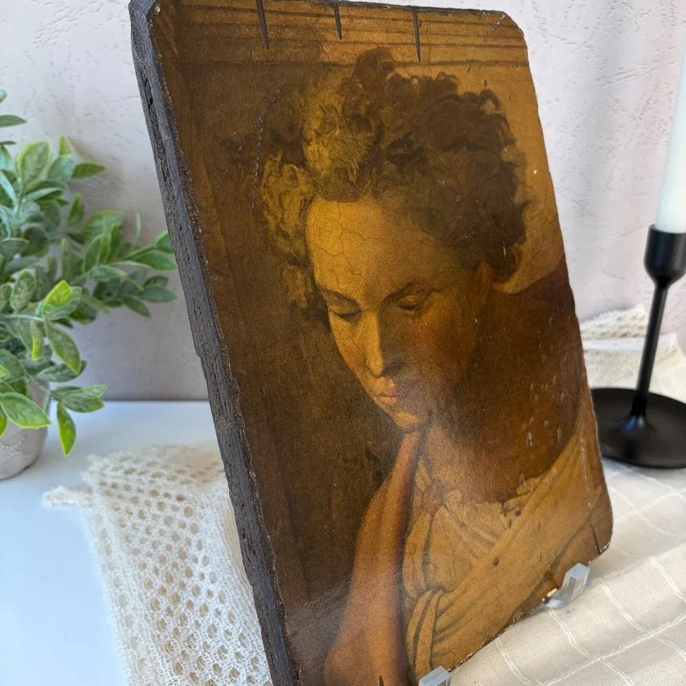 Vintage Renaissance Style Woman Portrait Wood Block Wall Art Rustic Plaque 11x8